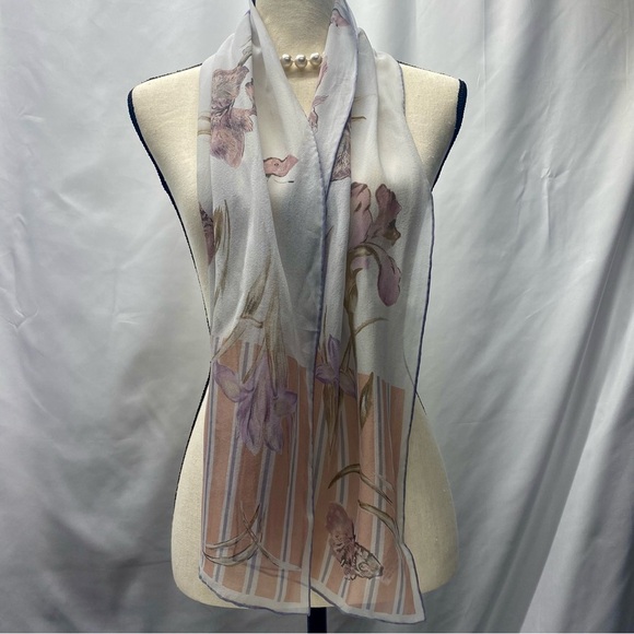 SILK SCARF FORAL BUTTERFLIES GRAY PINK BROWN PURPLE ELEGANT MONEY LUXURIOUS - Picture 4 of 11